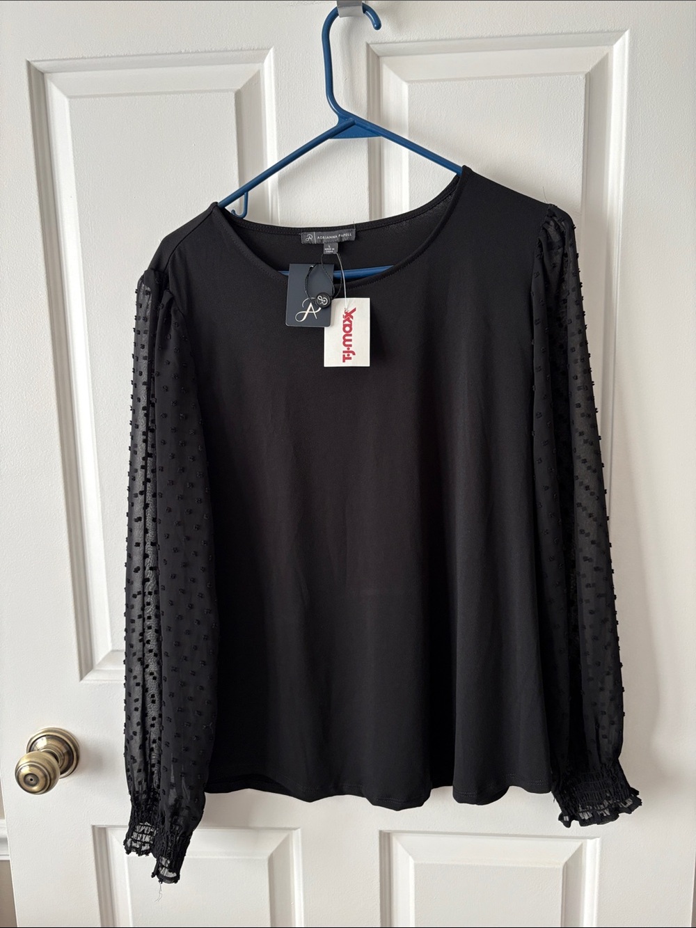 Adrianna Papell Black Sheer Swiss Dot Sleeve Blouse